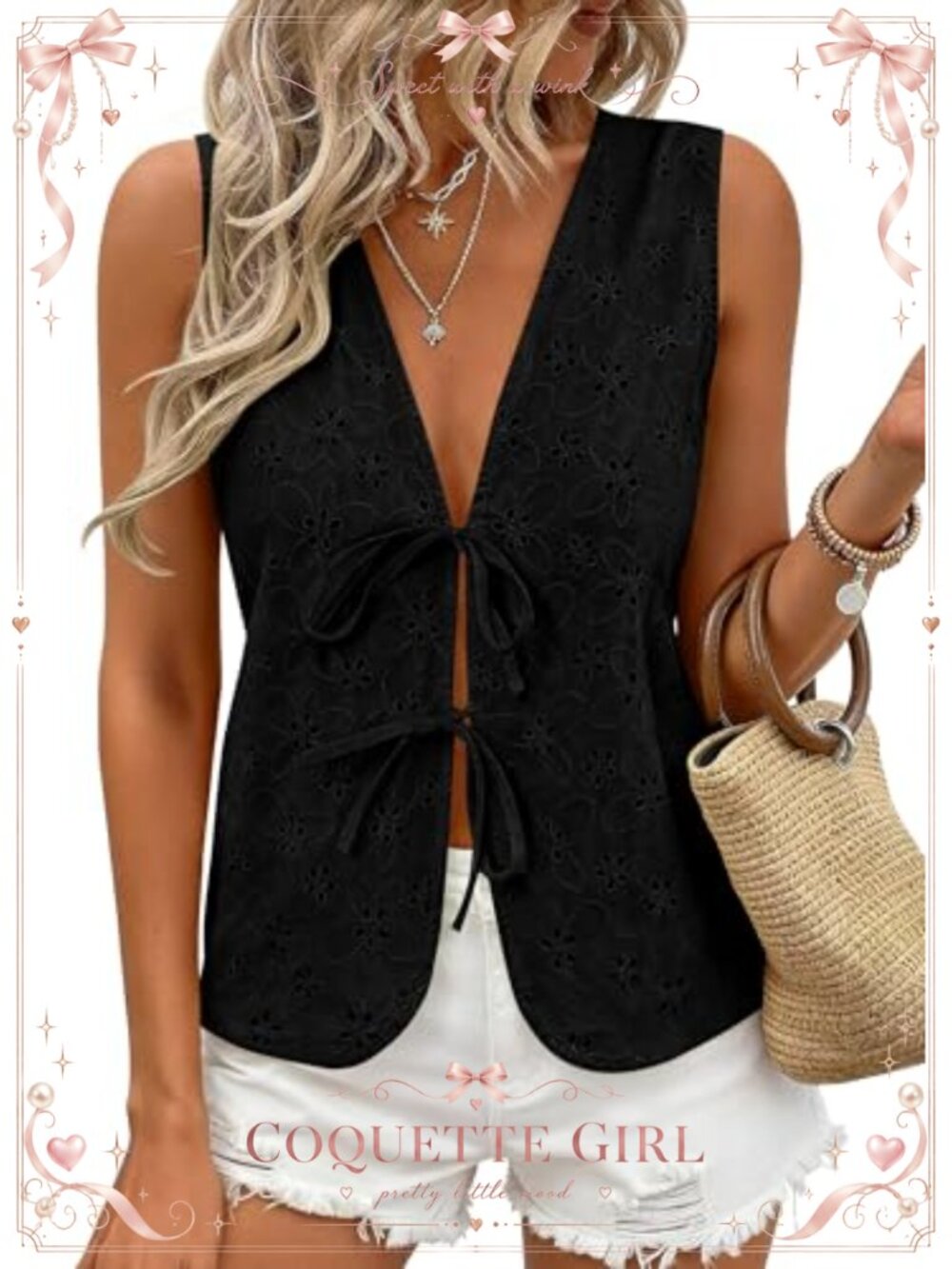 Women's Eyelet V Neck Sleeveless Tie Front Tank Top Blouse